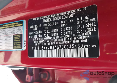 2012 Hyundai Santa Fe Se z USA, uszkodzony, nr VIN 5XYZH4AG7CG145439